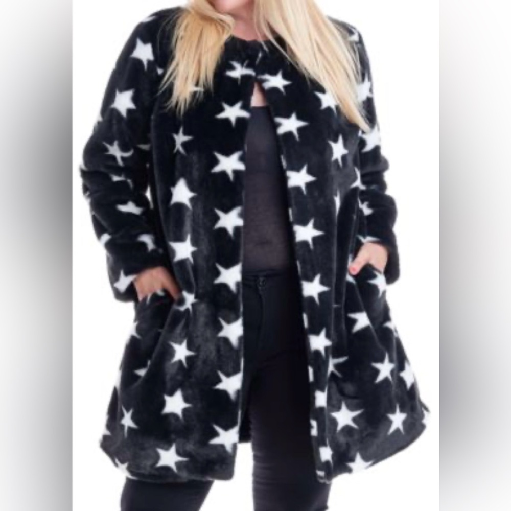 Fever Women’s Star-Print Faux-Fur Coat Oversized Size M